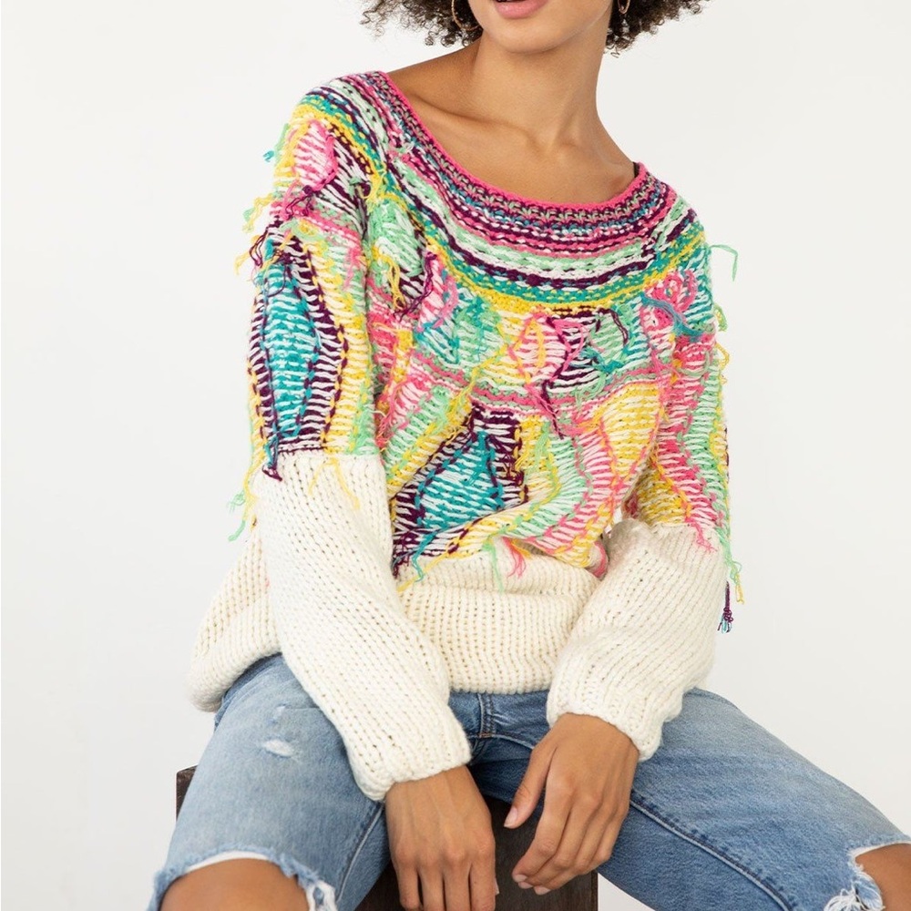 Shaggy rainbow yarn knit sweater